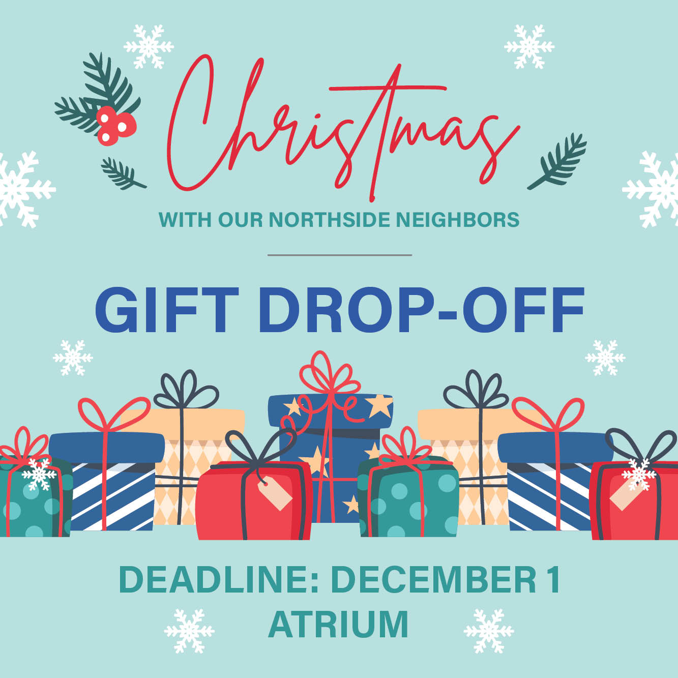 Deadline: December 1, Atrium
Drop of your unwrapped gift.

 

 
